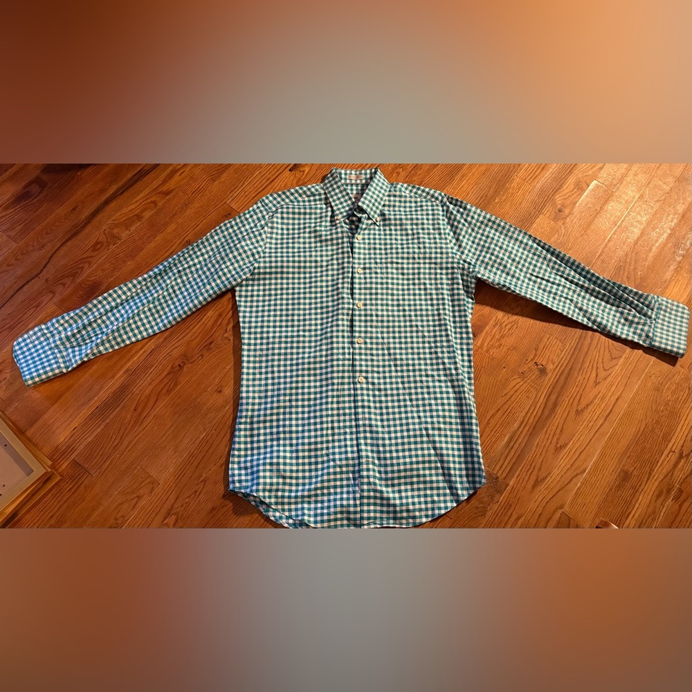 Peter Millar Shirt Men’s Button Up Blue Teal Gingham Check LS Weekender EUC
